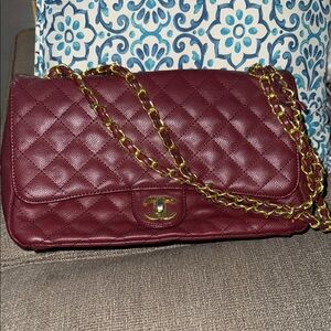 Maroon Quilted Leather Shoulder Bag with Gold Chain
